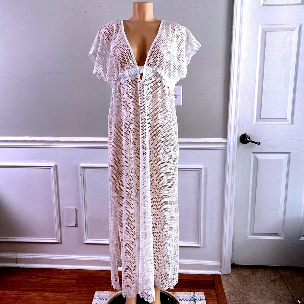 Club Z Collection Swim Cover Up Womens XL Crochet Lace Maxi White Boho Resort